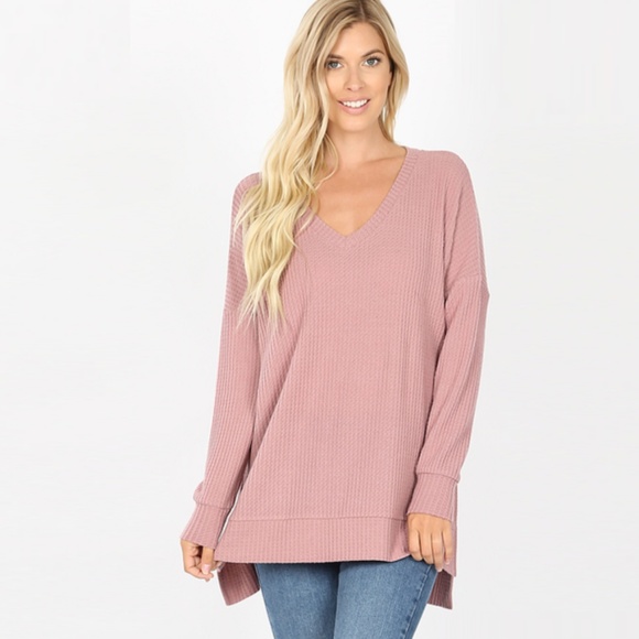 Eggplant Waffle Knit V-Neck Sweater - Picture 9 of 9